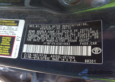 2012 Toyota Camry Se from USA, damaged, VIN 4T1BF1FK1CU614683